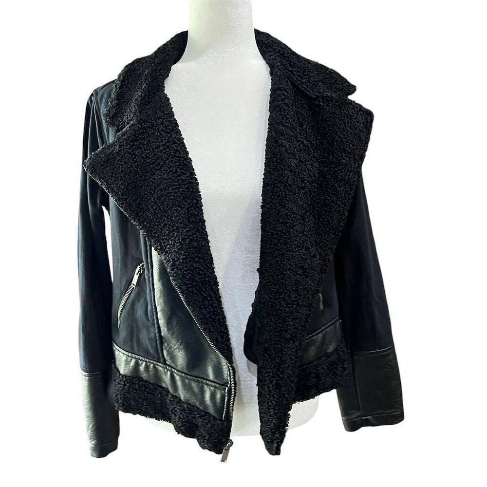 Rock & Republic Women's Black Moto Jacket Faux Leather Sherpa Size L - Picture 7 of 10